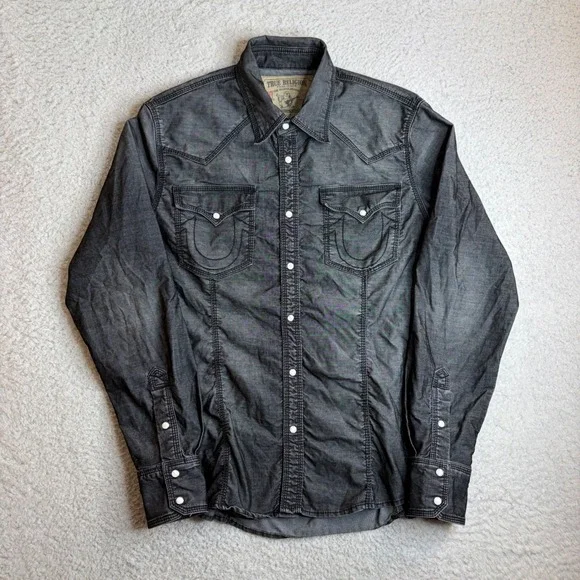 True Religion Mens XXL Western Pearl Snap Shirt Faded Black Rocky Section XXL