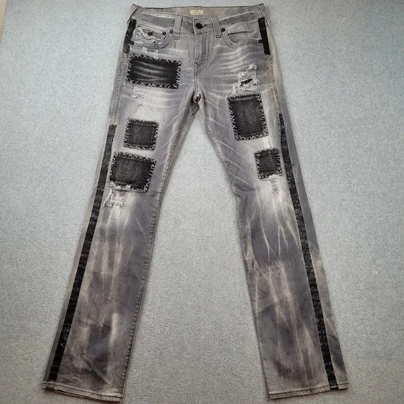 True Religion Ricky Relaxed Straight Mens 31x33 Grey Patchwork Distressed Jeans