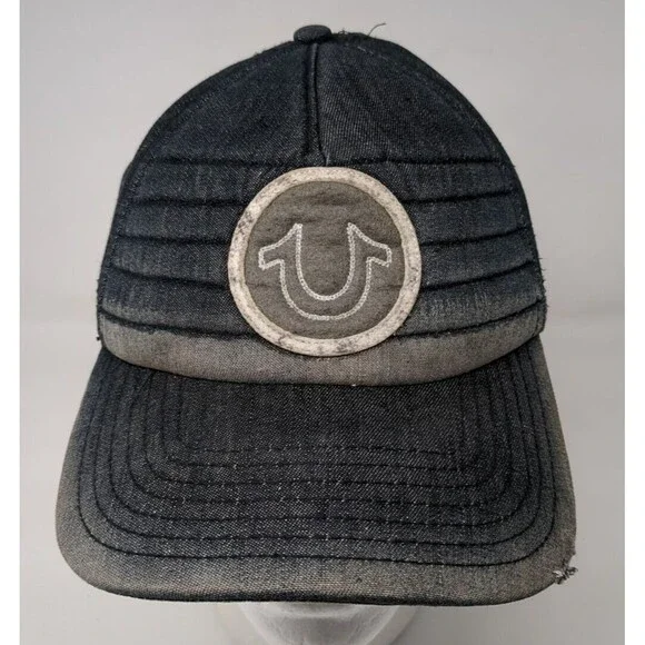 Vintage True Religion Denim Baseball Cap Leather Strap Hat Blue Patch‎ Logo Y2K