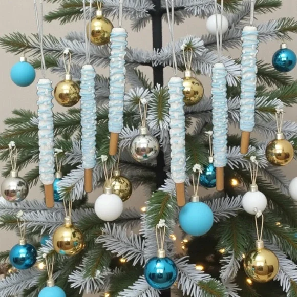 Iced Pretzel Lollipop 6 Christmas Ornaments-White Blue Sprinkles‎ 6 in