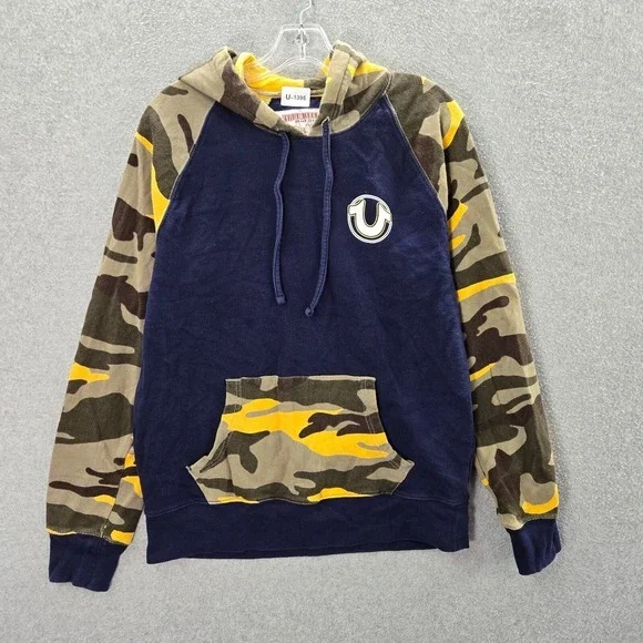 True Religion Men Sweatshirt Medium Blue Camo Terry‎ Hoodie Logo Pockets