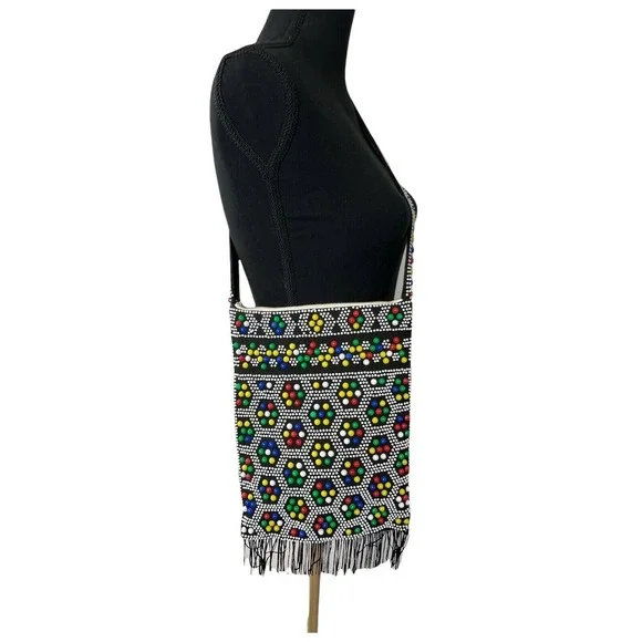 Vintage  Womens 1960 Color Candy Dot Beaded Black Boho Shoulder Bag Retro Fringe