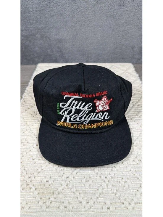 True Religion Buddha World Champions Snapback Hat Black Guitar Logo