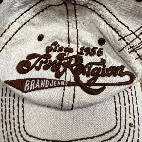 True‎ Religion Buddha Y2K Cream Hip Hop Contrast Stitch A-Flex Distressed Hat OS