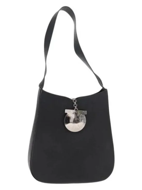 Salvatore Ferragamo Gancini Shoulder Bag Leather Black Silver Auth bs30966
