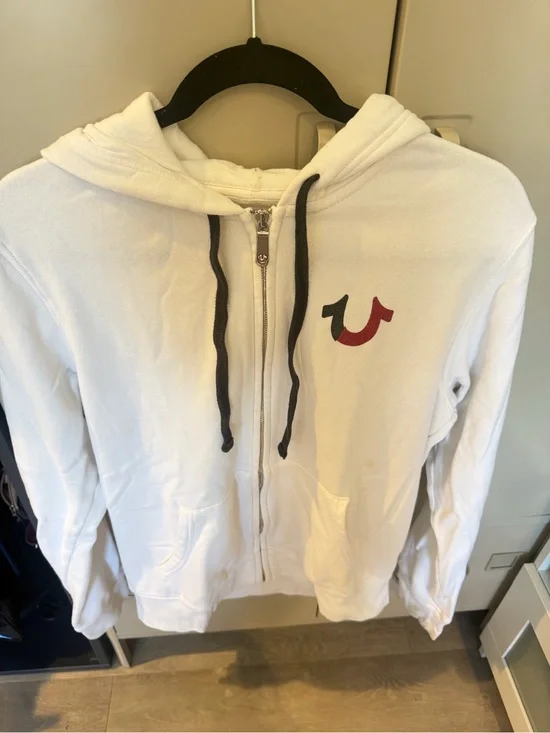 True Religion White Hoodie with Red & Navy Label