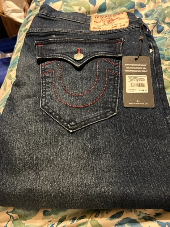True Religion Men’s Indigo Denim Jeans with Red Stitching