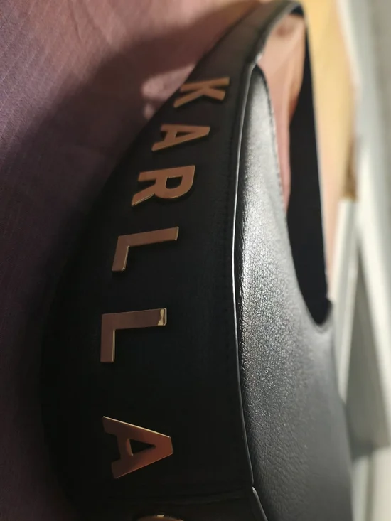 Karl Lagerfeld Black Leather Shoulder Bag with Gold Hardware Lettering