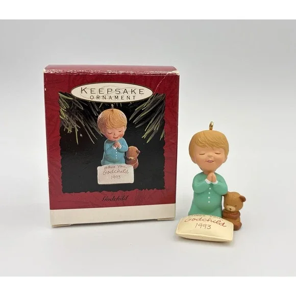 1993 Hallmark Keepsake Ornament Bless You Godchild Praying Boy Teddy Bear VTG