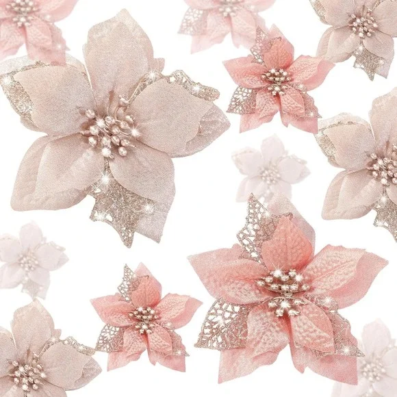 Artificial Glitter Poinsettia Christmas‎ Tree Flowers Rose Gold Champagne 24pc