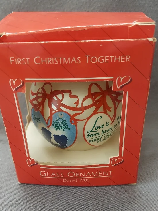 Vintage Hallmark glass ornament labeled 'First Christmas Together 1985