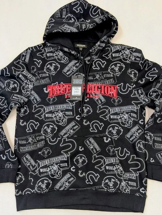 True Religion Men’s Black Hoodie with All-Over Logo Print