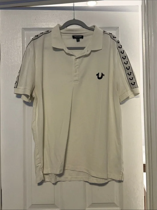 True Religion Men’s white Polo with Black Horseshoe and Shoulder Tape