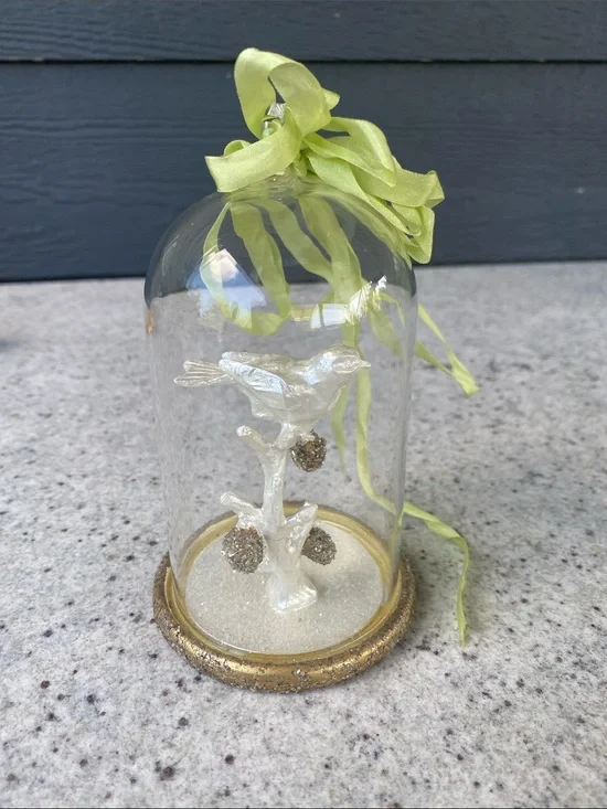 Glass Cloche Ornament with White Bird and Gold Accents
