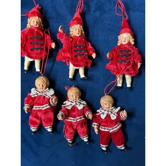 Vintage Red Velvet Christmas Ornaments Set of 6 Victorian Style Boy Girl Figures