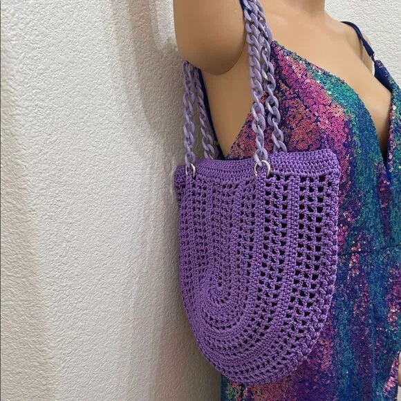 Elegant Purple Crochet Shoulder Bag 12 X 12 In Black Lining Silver Snap Closure