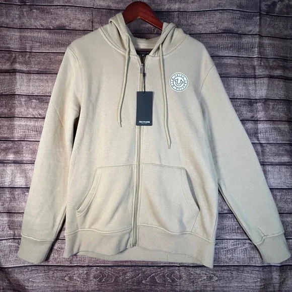 True‎ Religion Mens True College Full Zip Hoodie Jacket Travertine Beige L NEW