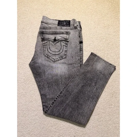 True Religion Rocco Relaxed Skinny Jeans Men's 42 Gray Black Wash Flap Pocket