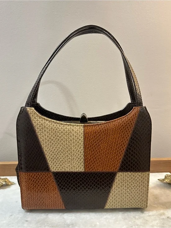 Vintage 50s Handbag Three-Tone Patchwork - Brown/Cream