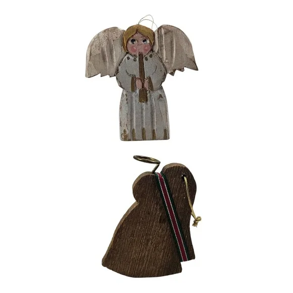 Vintage Folk Art Wooden Angel Ornaments Set of 2 Hand Painted Signed Rustic