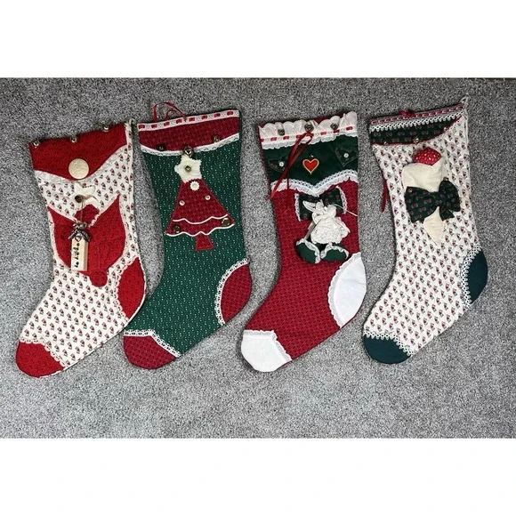 Vintage Handmade Quilted Christmas Stockings Lot of 4 Bells Lace Hearts‎