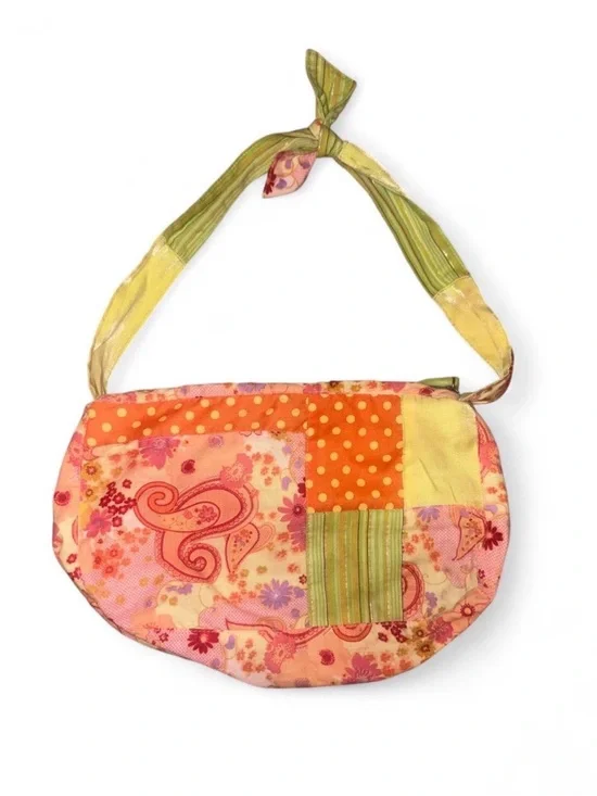 Vintage Y2K Pink & Orange Patch Shoulder Bag with tie strap