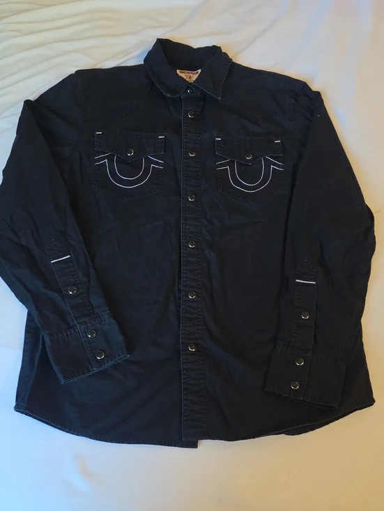True Religion Black Western Button-Up Shirt with White Stitching