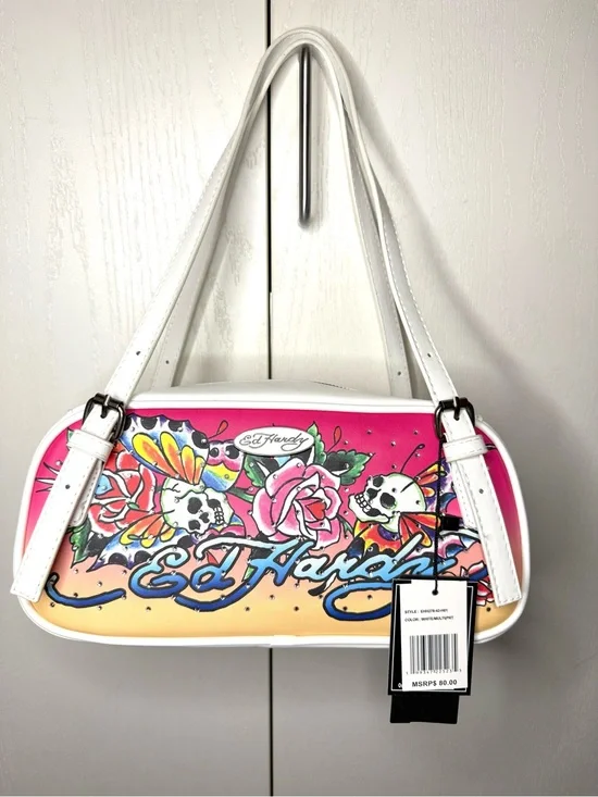 Ed Hardy Pink & White Multicolored Floral Skull Bowler Shoulder Bag NWT