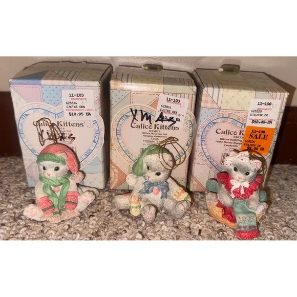 Vintage Enesco Calico Kittens Ornaments Set of 3 Priscilla Hillman 1993 623814