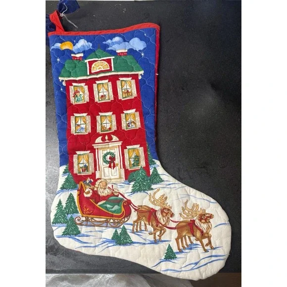 Vintage Jumbo Stocking Cranston A Visit From St Nicholas Handcrafted Quilted 22