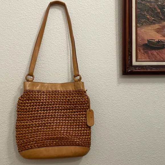 Woven Tan Leather Shoulder Bag