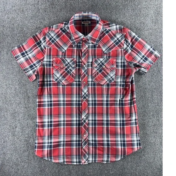 True Religion Mens XL Red Plaid Western Pearl Snap Button Down Shirt