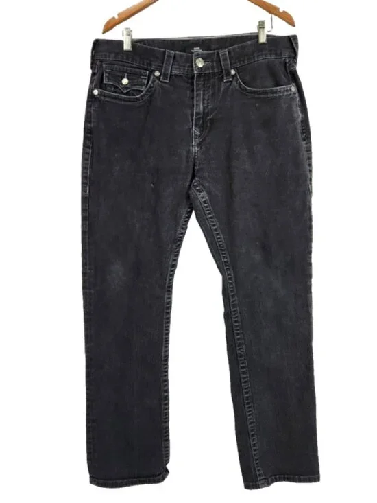 True Religion Brand Jeans Ricky Relaxed Straight Mens 36 Y2K Button Flap Black