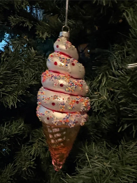Holiday Ice Cream Cone Ornament - White and Pink Festive Tree Decoration