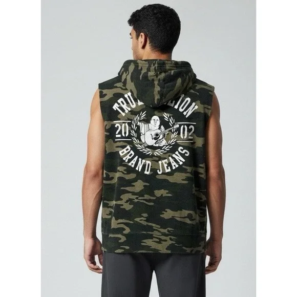 True Religion Men's M Perfectly Worn In Sleeveless Hoodie Zip Sweatshirt Green C