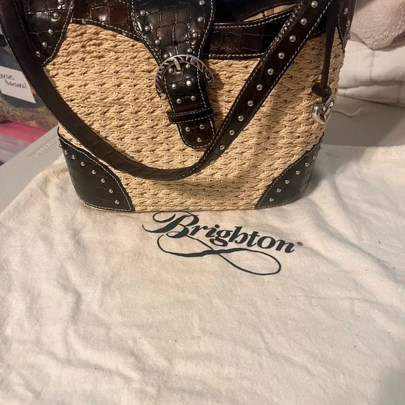 Brighton Raffia and Croc Embossed Studded Shoulder Bag
