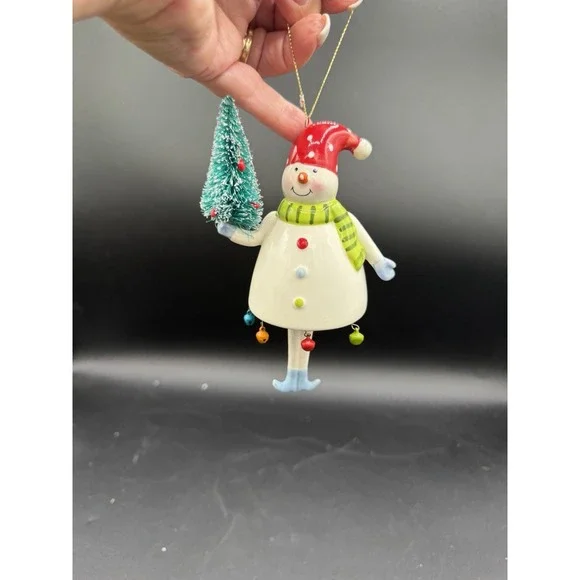 ⛄Vintage Ceramic Snowman Ornament – Hand‑Painted Bell w/ Jingle Legs – Crazing⛄