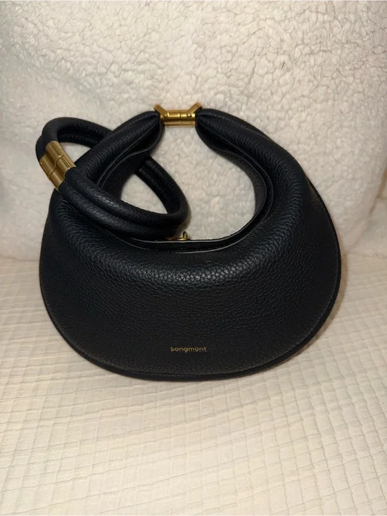 Songmont Luna Black Pebble Leather Crescent Shoulder Bag with Gold Hardware