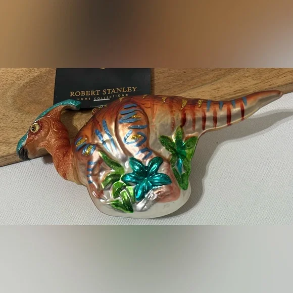 ROBERT STANLEY Christmas Ornament Blown Glass DINOSAUR Parasaurolophus NEW