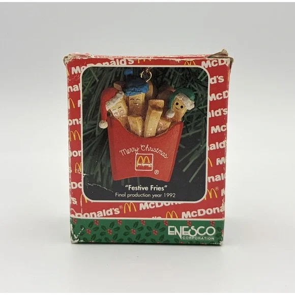Vintage 1992 Enesco McDonalds Festive French Fries Christmas Ornament Mini Box