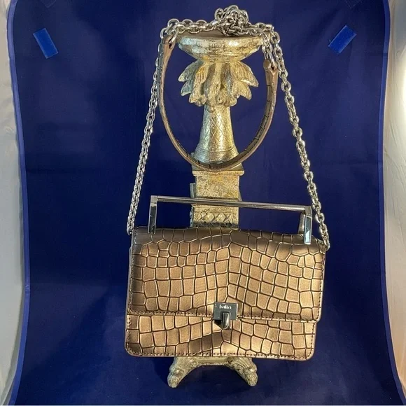 Botkier Metallic Croc-Embossed Leather Chain Crossbody Clutch Gunmetal