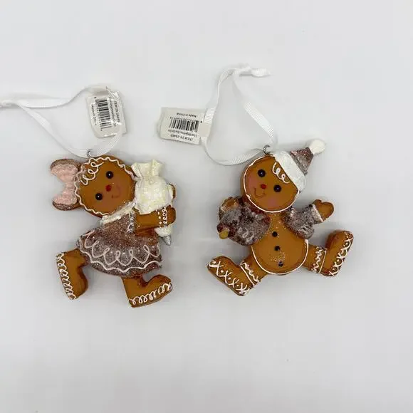 Set of 2 Gingerbread Boy Girl Cookie Ornaments Mrs Claus Bakery Icing FLAWED