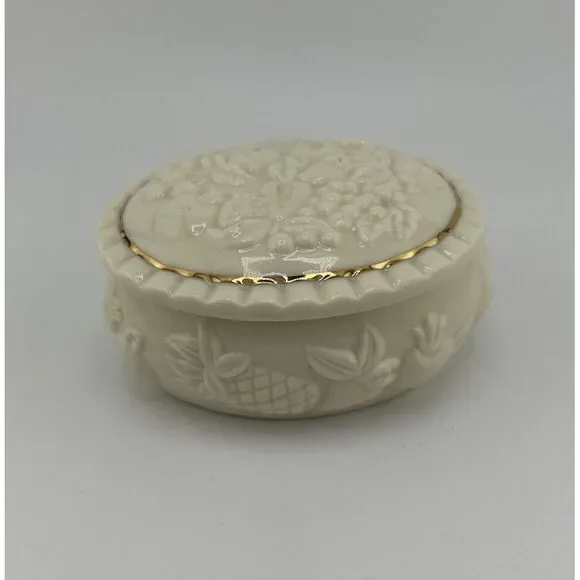 Vintage 1998 LENOX Porcelain Embossed Fruits of Life Oval Trinket Box Gold Trim‎