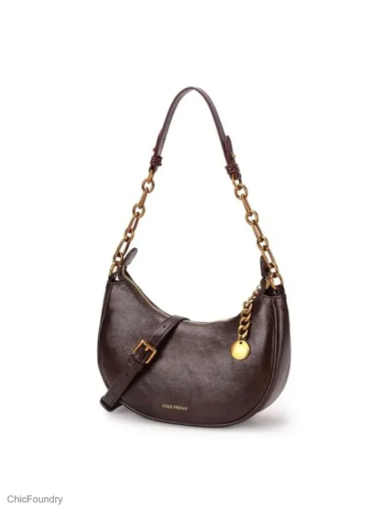 Crescent-Shaped Shoulder Bag PU Leather Crossbody with Gold Chain