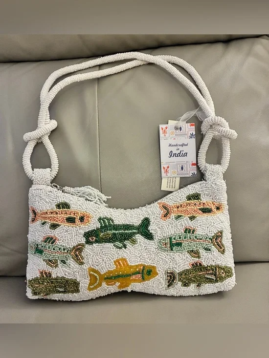 ✨ Handcrafted In India Fish Beaded Bag w/ fisherman knot straps & bag charm NWT