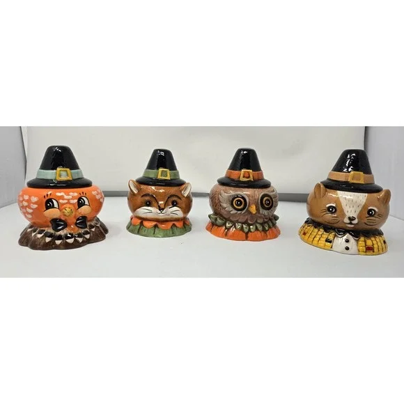 Johanna Parker Critter Bowl Pilgrim Hat Lid Transpac Thanksgiving Fall Jar Set/4