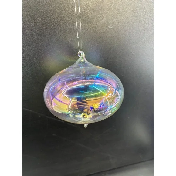 Iridescent Hand Blown Glass Onion Ornament Clear Rainbow Aurora Borealis 4 Inch