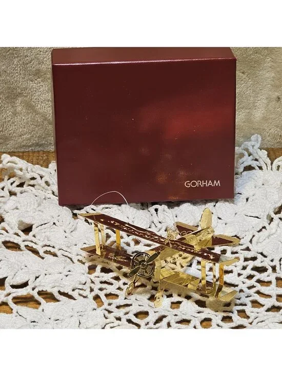 Gorham 3D Gold tone Metal Airplane Laser Cut Out Merry Christmas Boxed