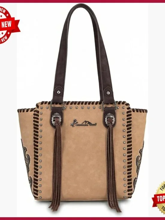 Medium Western Tote Bag with Fringe Tassels and Zipper Closure