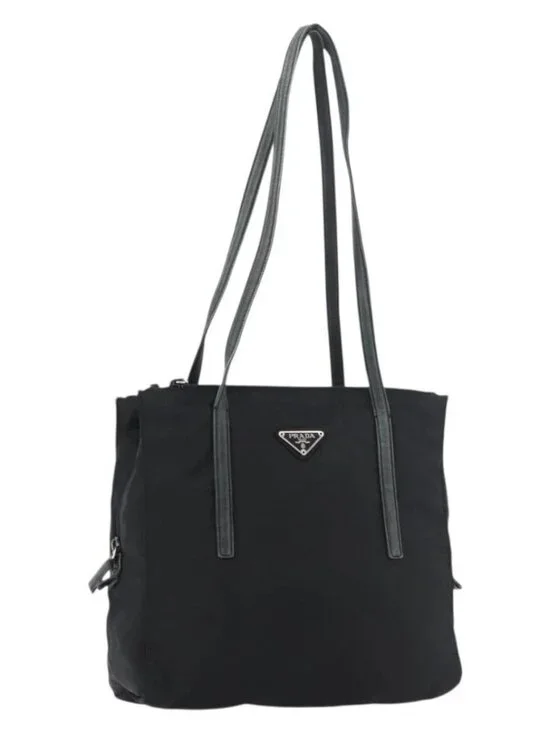 PRADA Tote Bag Nylon Black Silver Auth 175704